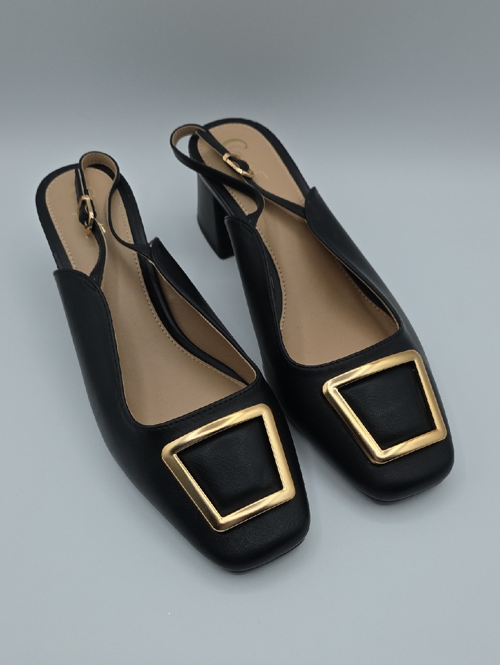 Black Slingback Block Heels with Gold Buckle Accent